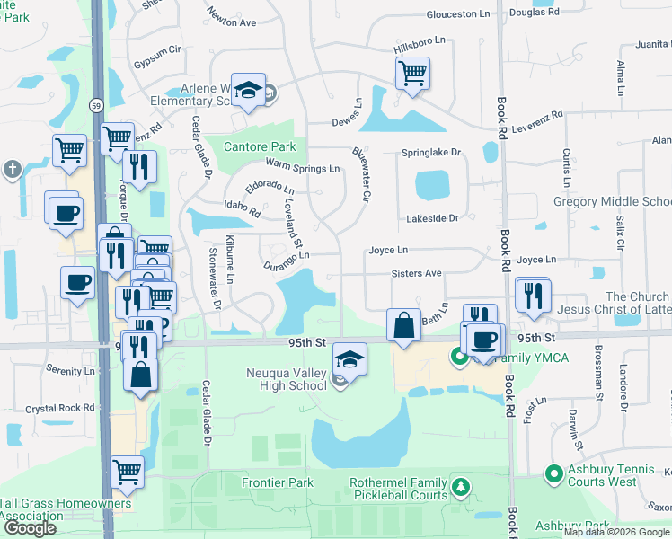 map of restaurants, bars, coffee shops, grocery stores, and more near 2403 Sisters Court in Naperville