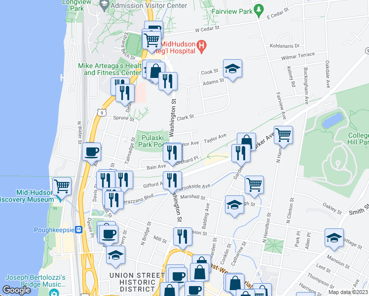 map of restaurants, bars, coffee shops, grocery stores, and more near 13 Taylor Avenue in Poughkeepsie