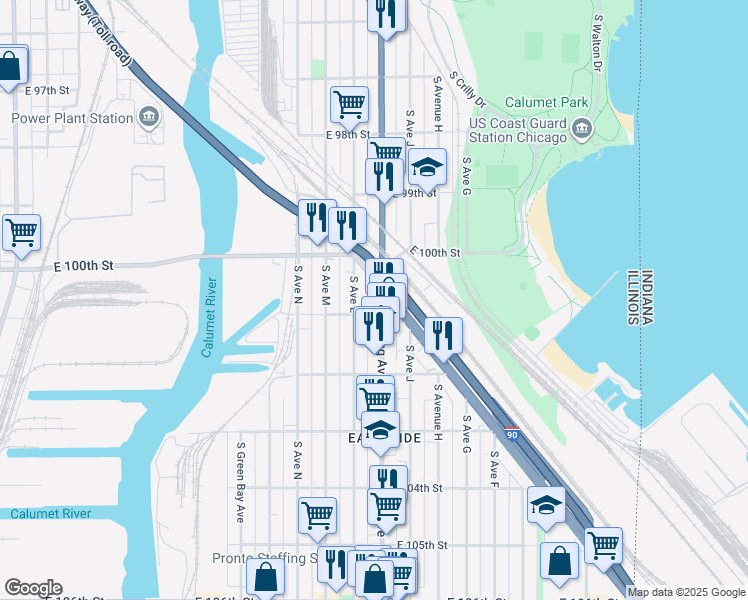 map of restaurants, bars, coffee shops, grocery stores, and more near 10100 South Ewing Avenue in Chicago