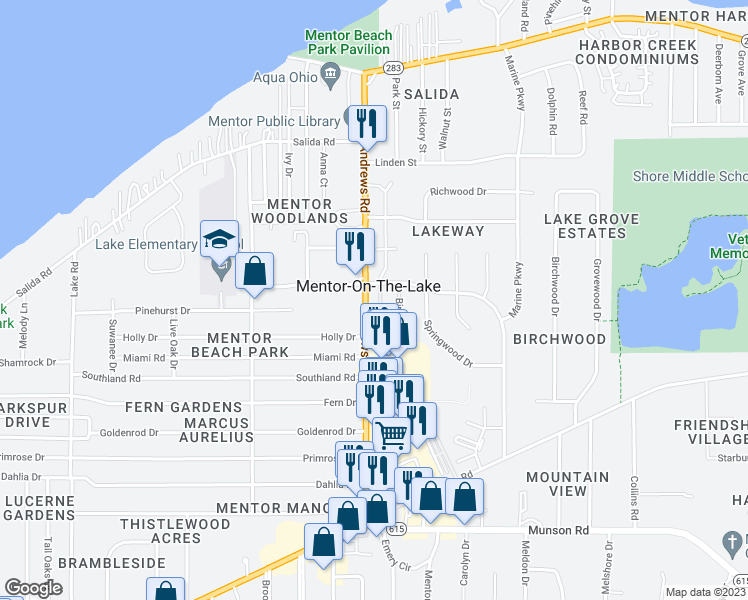 map of restaurants, bars, coffee shops, grocery stores, and more near 5854 Buckeye Lane in Mentor-on-the-Lake