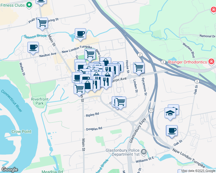 map of restaurants, bars, coffee shops, grocery stores, and more near 141 New London Turnpike in Glastonbury