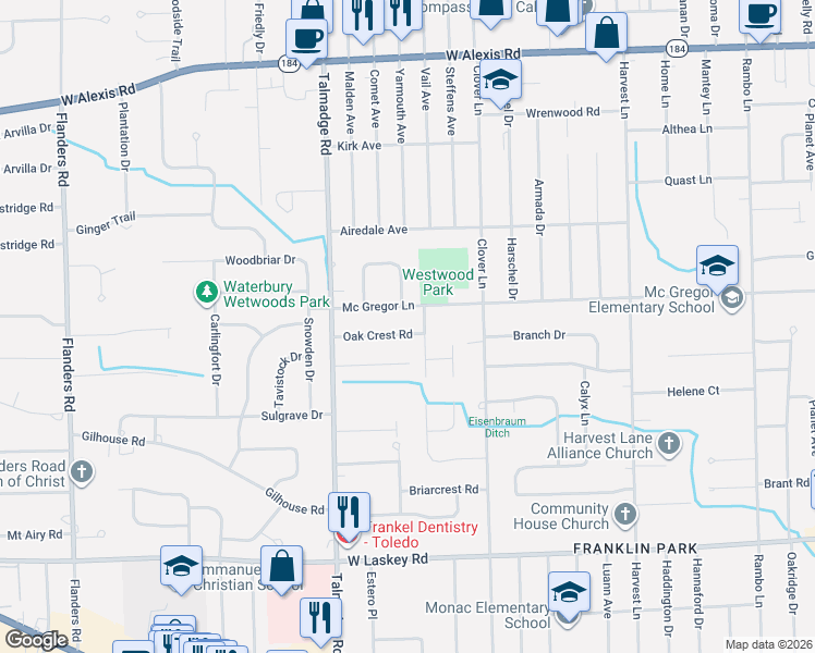 map of restaurants, bars, coffee shops, grocery stores, and more near 4137 Oak Crest Road in Toledo