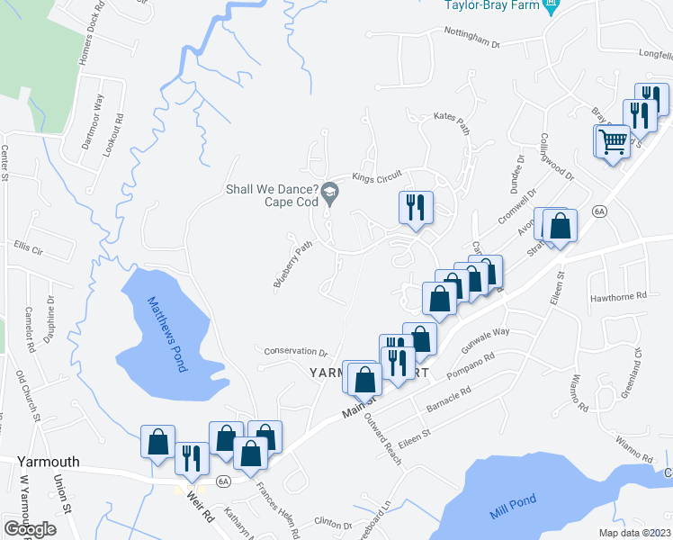 map of restaurants, bars, coffee shops, grocery stores, and more near 50 Wildflower Lane in Yarmouth