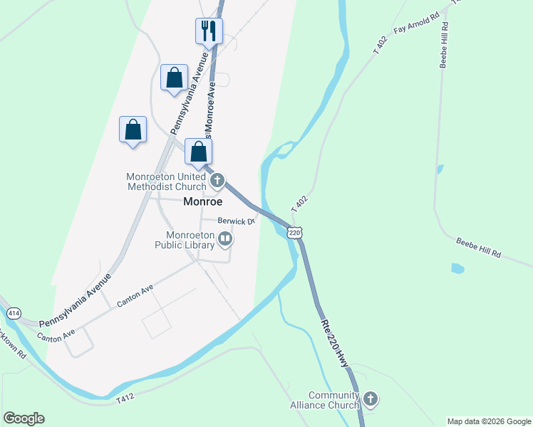 map of restaurants, bars, coffee shops, grocery stores, and more near 47 Woodside Road in Towanda