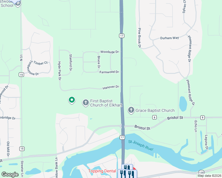 map of restaurants, bars, coffee shops, grocery stores, and more near 22082 Hanover Drive in Bristol