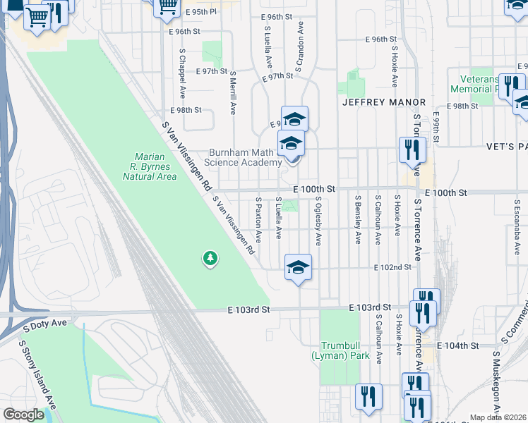 map of restaurants, bars, coffee shops, grocery stores, and more near 10046 South Luella Avenue in Chicago