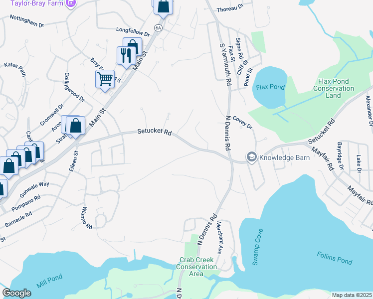 map of restaurants, bars, coffee shops, grocery stores, and more near 158 Setucket Road in Yarmouth