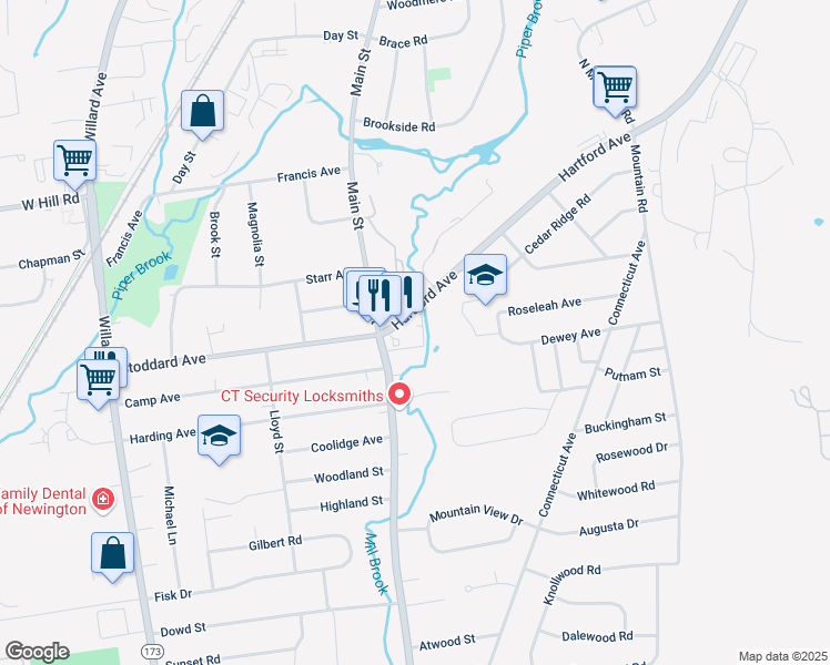 map of restaurants, bars, coffee shops, grocery stores, and more near 326 Main Street in Newington
