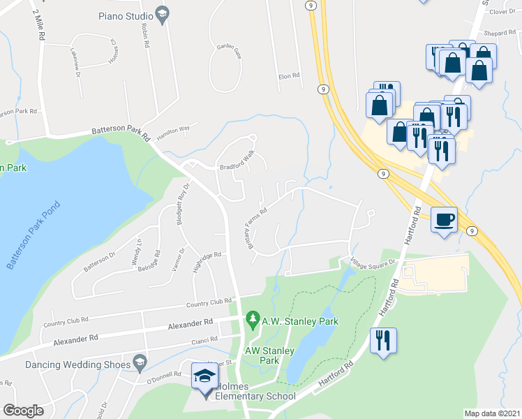 map of restaurants, bars, coffee shops, grocery stores, and more near 247 Brittany Farms Road in New Britain