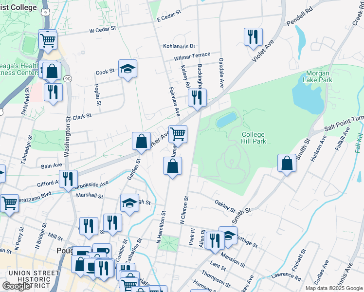 map of restaurants, bars, coffee shops, grocery stores, and more near 187 North Hamilton Street in Poughkeepsie