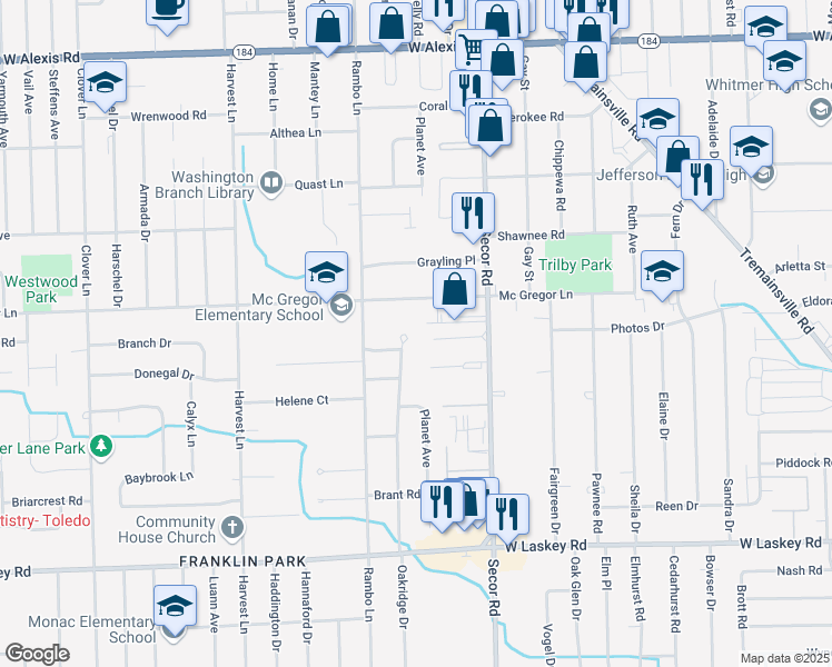 map of restaurants, bars, coffee shops, grocery stores, and more near 5258 Oakridge Drive in Toledo