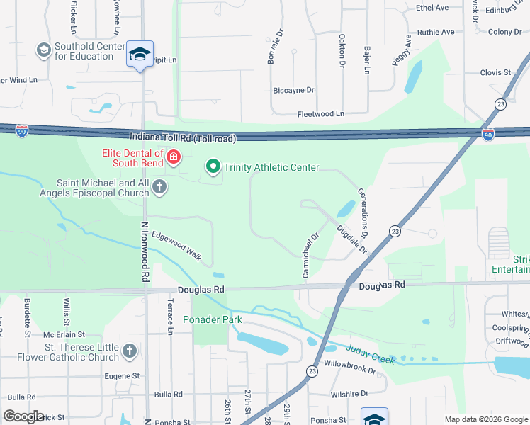 map of restaurants, bars, coffee shops, grocery stores, and more near 17535 Generations Drive in South Bend