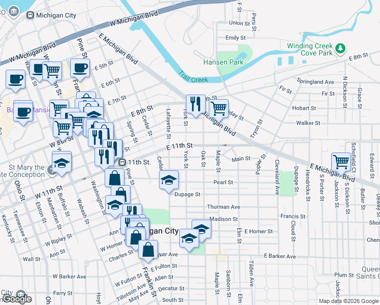 map of restaurants, bars, coffee shops, grocery stores, and more near 502 York Street in Michigan City