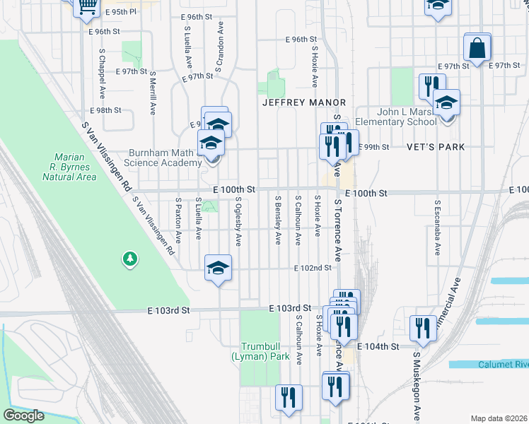 map of restaurants, bars, coffee shops, grocery stores, and more near 10055 South Yates Boulevard in Chicago