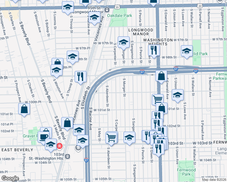 map of restaurants, bars, coffee shops, grocery stores, and more near 10006 South Carpenter Street in Chicago