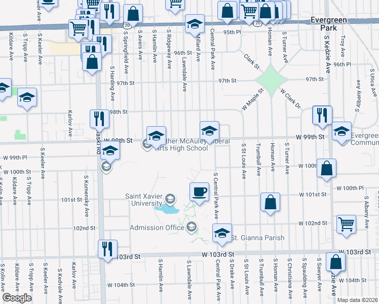map of restaurants, bars, coffee shops, grocery stores, and more near 3659 West 99th Street in Chicago
