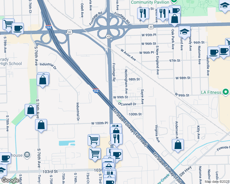 map of restaurants, bars, coffee shops, grocery stores, and more near 7152 99th Street in Chicago Ridge