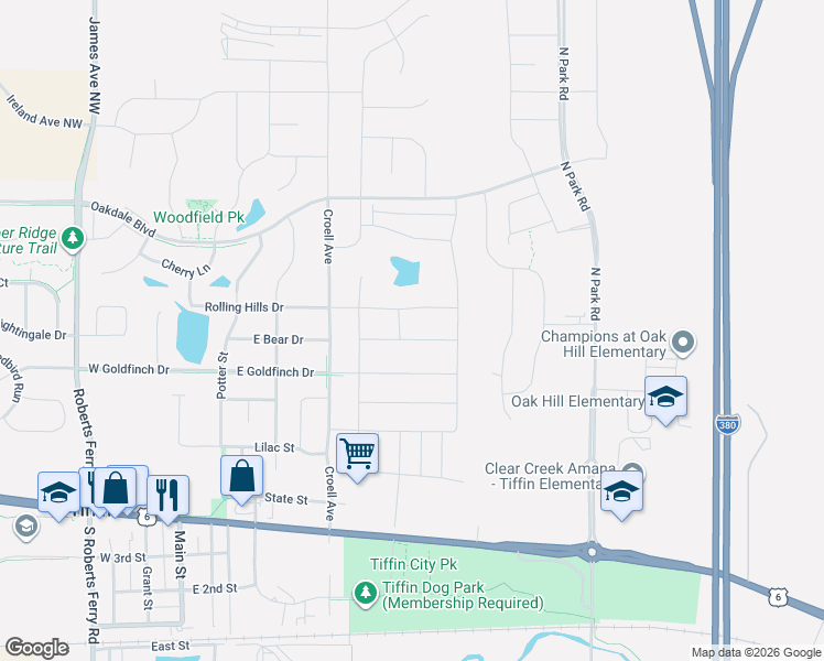 map of restaurants, bars, coffee shops, grocery stores, and more near 605 Rolling Hills Drive in Tiffin
