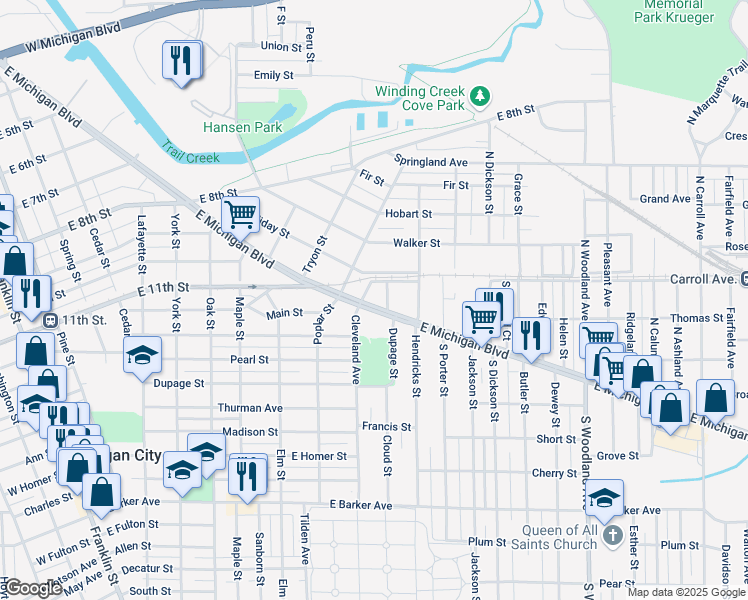 map of restaurants, bars, coffee shops, grocery stores, and more near 100-254 Cleveland Ave in Michigan City
