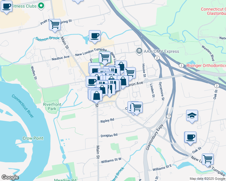 map of restaurants, bars, coffee shops, grocery stores, and more near 120 Hebron Avenue in Glastonbury