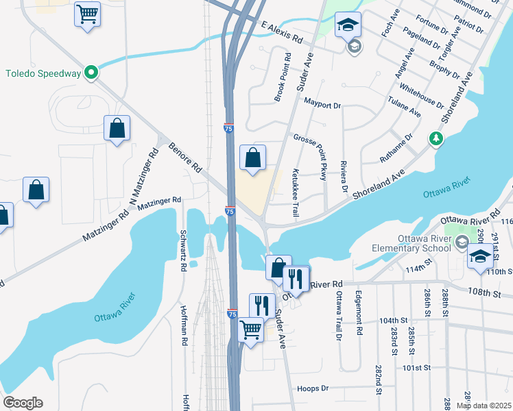map of restaurants, bars, coffee shops, grocery stores, and more near 5037 Suder Avenue in Toledo