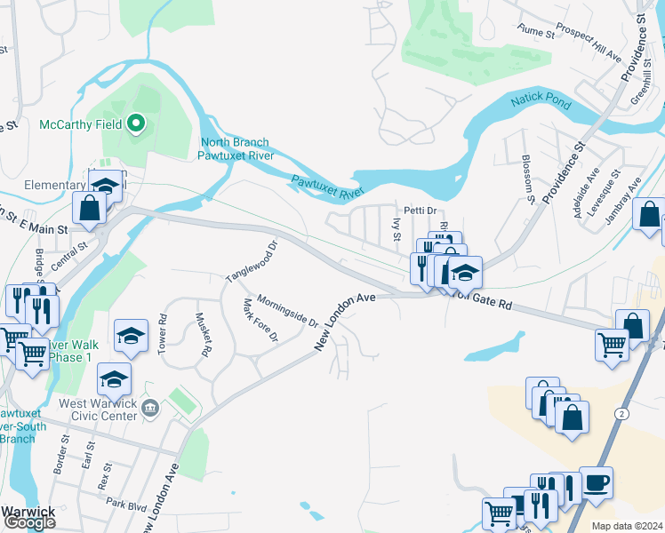 map of restaurants, bars, coffee shops, grocery stores, and more near 301 1/2 Providence St in West Warwick