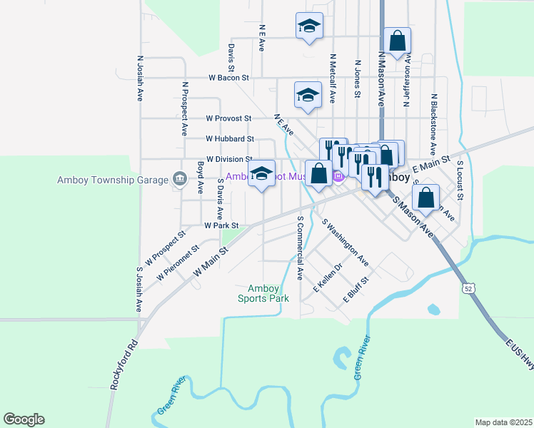 map of restaurants, bars, coffee shops, grocery stores, and more near 25 West Main Street in Amboy