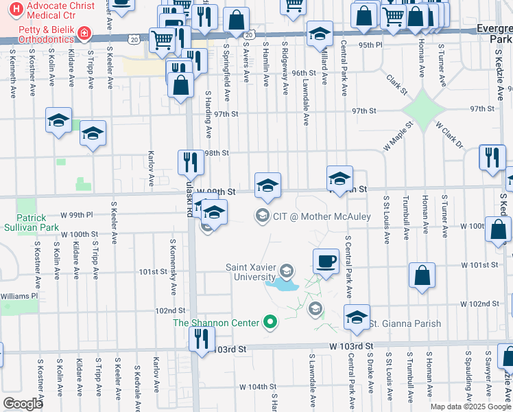 map of restaurants, bars, coffee shops, grocery stores, and more near 3737 West 99th Street in Chicago