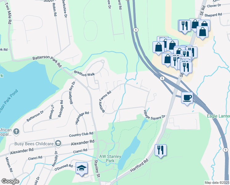 map of restaurants, bars, coffee shops, grocery stores, and more near 273 Brittany Farms Road in New Britain