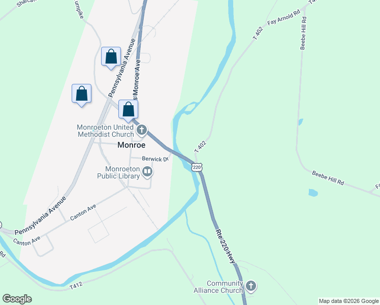 map of restaurants, bars, coffee shops, grocery stores, and more near 47 Woodside Road in Towanda