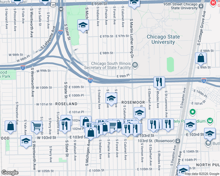 map of restaurants, bars, coffee shops, grocery stores, and more near 10022 South Forest Avenue in Chicago