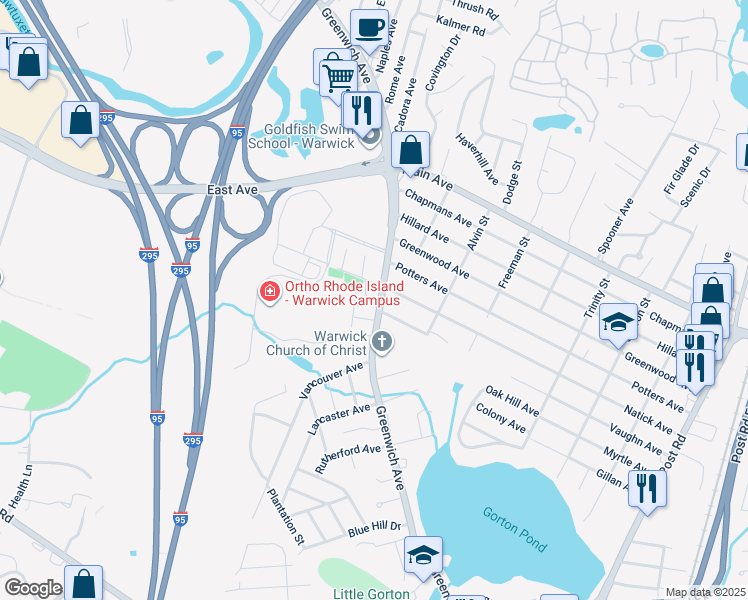 map of restaurants, bars, coffee shops, grocery stores, and more near 881 Greenwich Avenue in Warwick