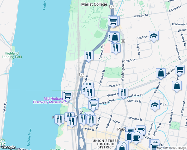 map of restaurants, bars, coffee shops, grocery stores, and more near 64 Delafield Street in Poughkeepsie