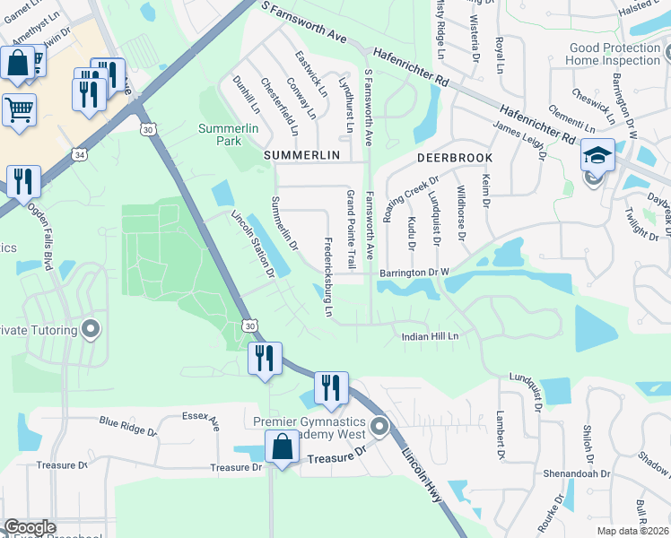 map of restaurants, bars, coffee shops, grocery stores, and more near 1706 Fredericksburg Lane in Aurora