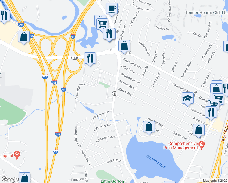 map of restaurants, bars, coffee shops, grocery stores, and more near 885 Greenwich Avenue in Warwick