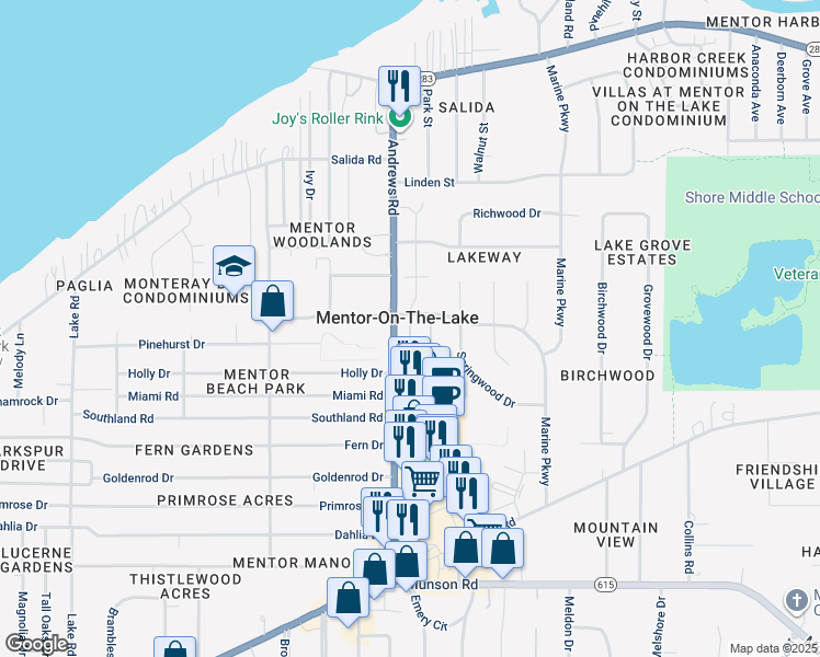 map of restaurants, bars, coffee shops, grocery stores, and more near 5849 Buckeye Lane in Mentor-on-the-Lake