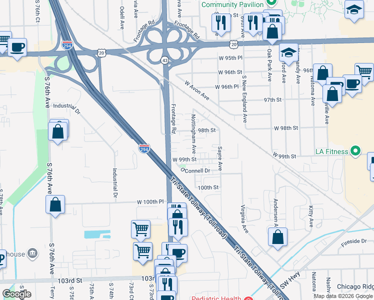 map of restaurants, bars, coffee shops, grocery stores, and more near 7100 West 99th Street in Chicago Ridge
