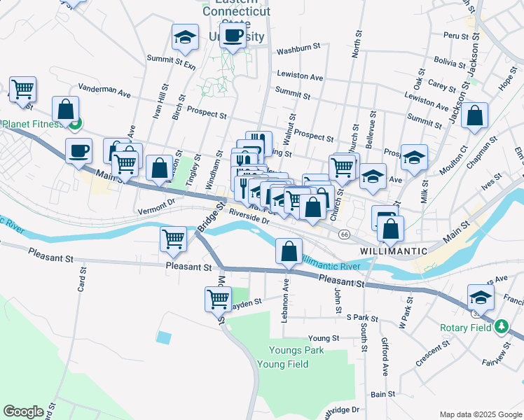 map of restaurants, bars, coffee shops, grocery stores, and more near 896 Main Street in Windham