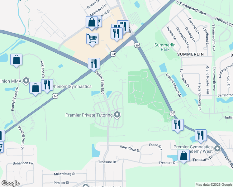 map of restaurants, bars, coffee shops, grocery stores, and more near 62 Waterbury Circle in Oswego