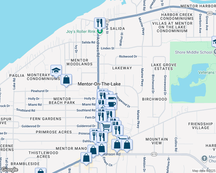 map of restaurants, bars, coffee shops, grocery stores, and more near 5858 Birch Lane in Mentor-on-the-Lake