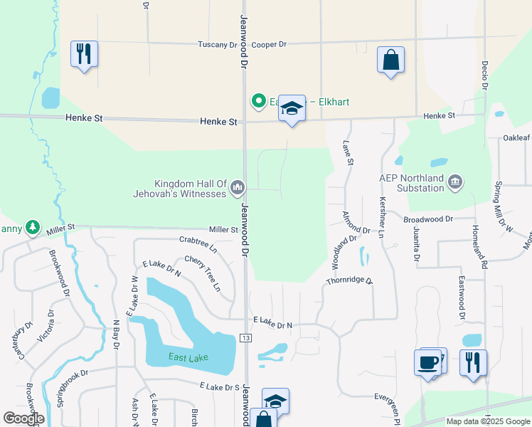 map of restaurants, bars, coffee shops, grocery stores, and more near 1900 Jeanwood Drive in Elkhart
