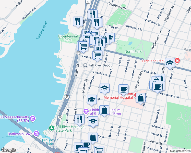 map of restaurants, bars, coffee shops, grocery stores, and more near 137 Barnaby Street in Fall River
