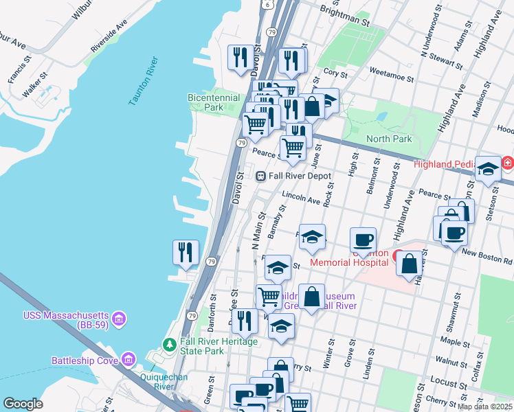 map of restaurants, bars, coffee shops, grocery stores, and more near 735 North Main Street in Fall River