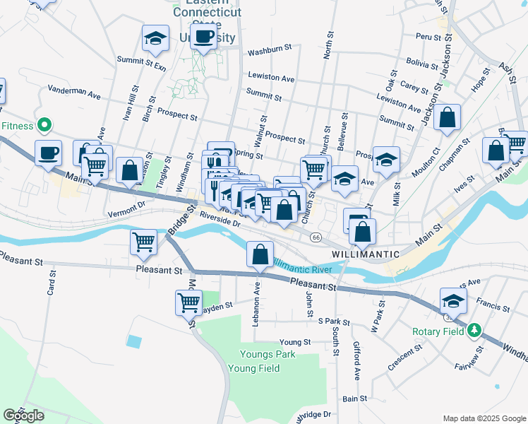 map of restaurants, bars, coffee shops, grocery stores, and more near 820 Main Street in Windham