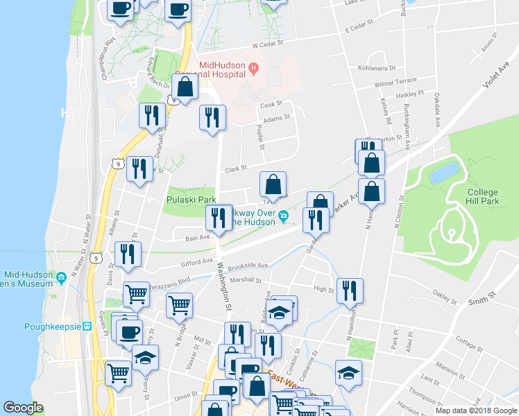map of restaurants, bars, coffee shops, grocery stores, and more near 25 Orchard Place in Poughkeepsie
