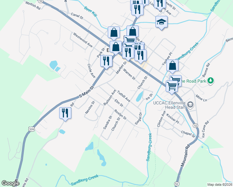 map of restaurants, bars, coffee shops, grocery stores, and more near 17 Elm Street in Ellenville
