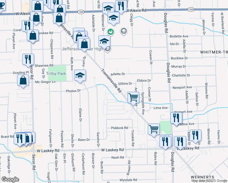 map of restaurants, bars, coffee shops, grocery stores, and more near 2835 Breezeway Drive in Toledo