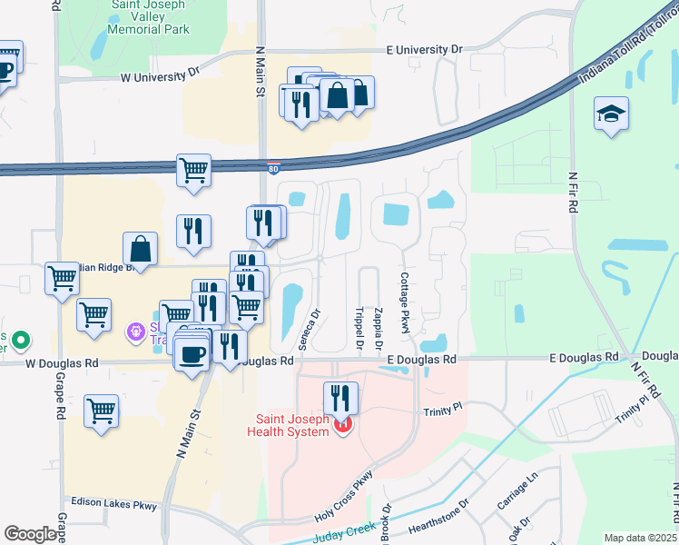 map of restaurants, bars, coffee shops, grocery stores, and more near 5723 Ottawa Court in Mishawaka