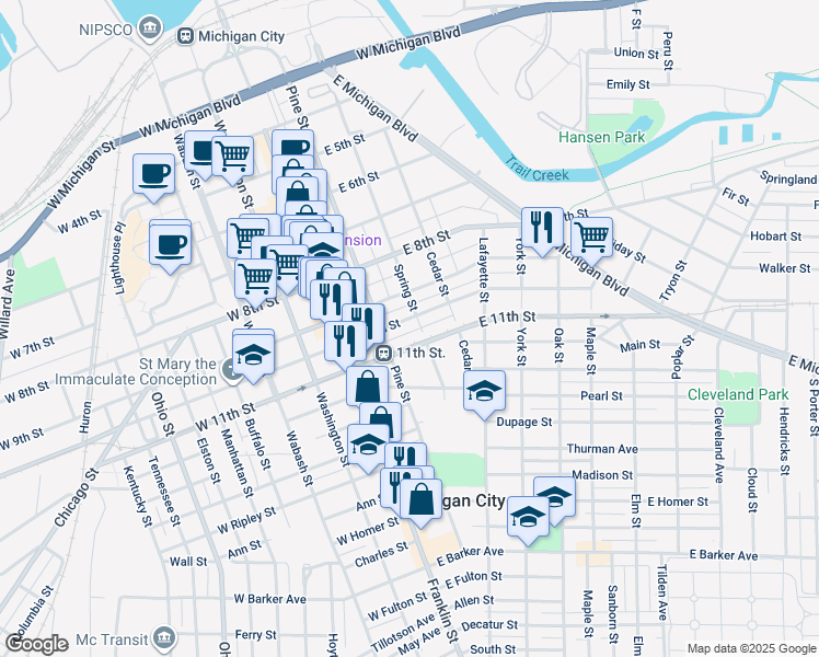 map of restaurants, bars, coffee shops, grocery stores, and more near 219-221 East 11th Street in Michigan City