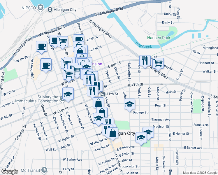 map of restaurants, bars, coffee shops, grocery stores, and more near 219-221 East 11th Street in Michigan City